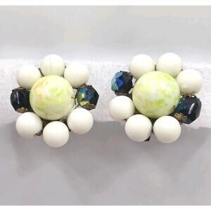 Earrings Vintage Japan Floral Wired Strung Ceramic Lucite Acrylic Beads Clip On